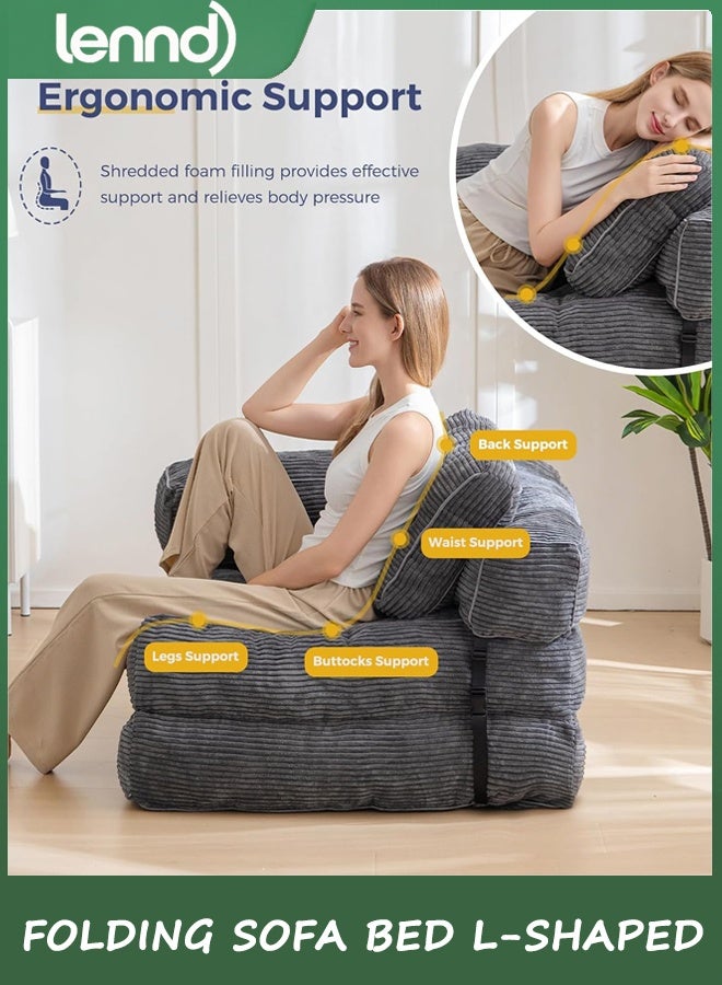 LENND Folding Sofa Bed, L-Shaped Convertible Sofa Bed with Armrest Foldable Sleeper Sofa with Pillow, Portable Fold Out Chair Bed Comfy Floor Lounge for Living Room Bedroom, Dark Grey - Image 3